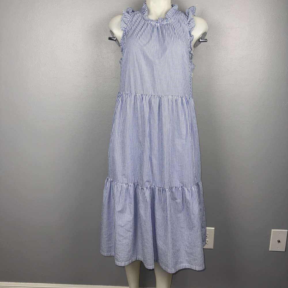 J.Crew Tiered Midi Dress Women's 10 Blue Striped Sleeveless Ruffle Neck Cotton